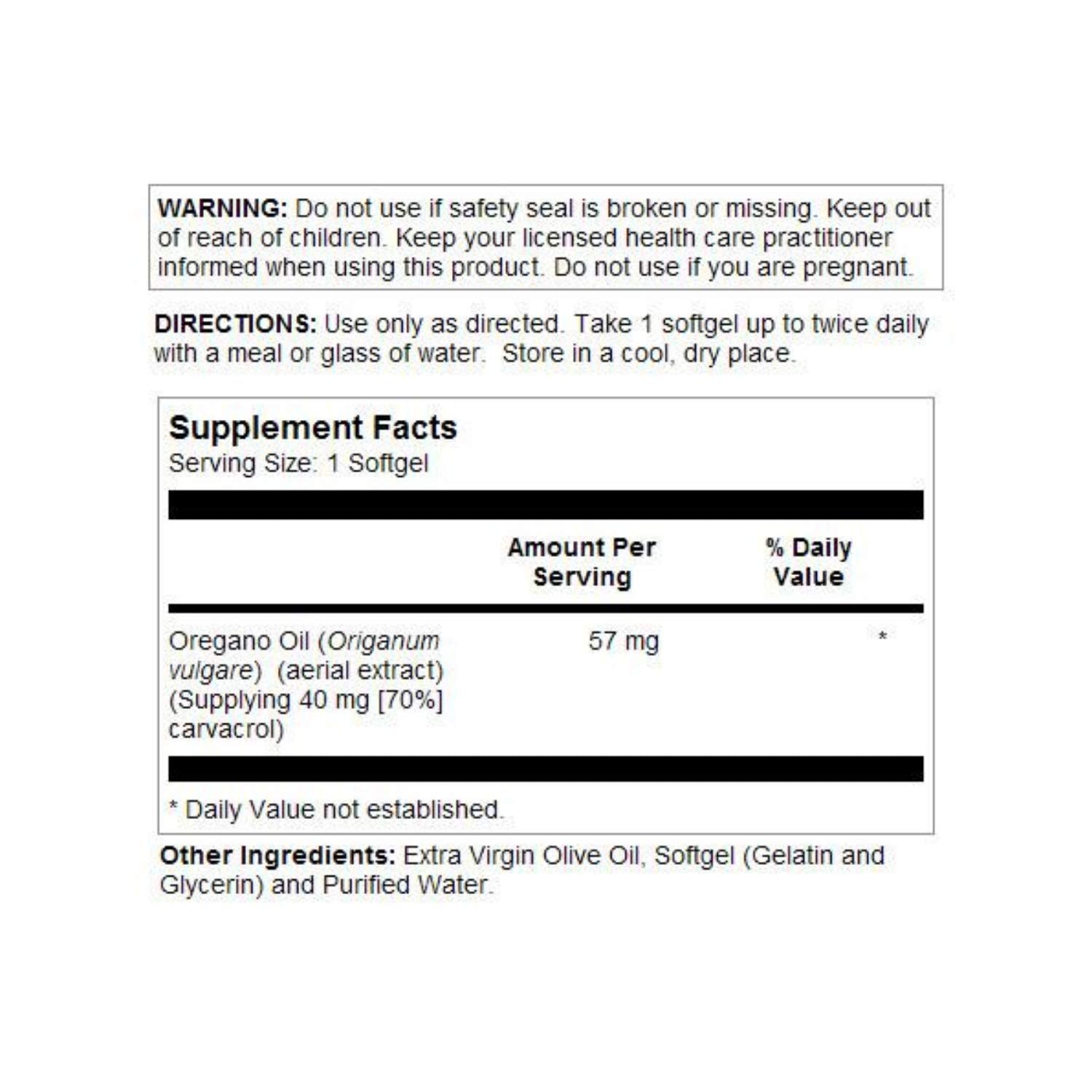 SOLARAY Oregano Oil softgels ingredients graphic highlights 70% carvacrol content.