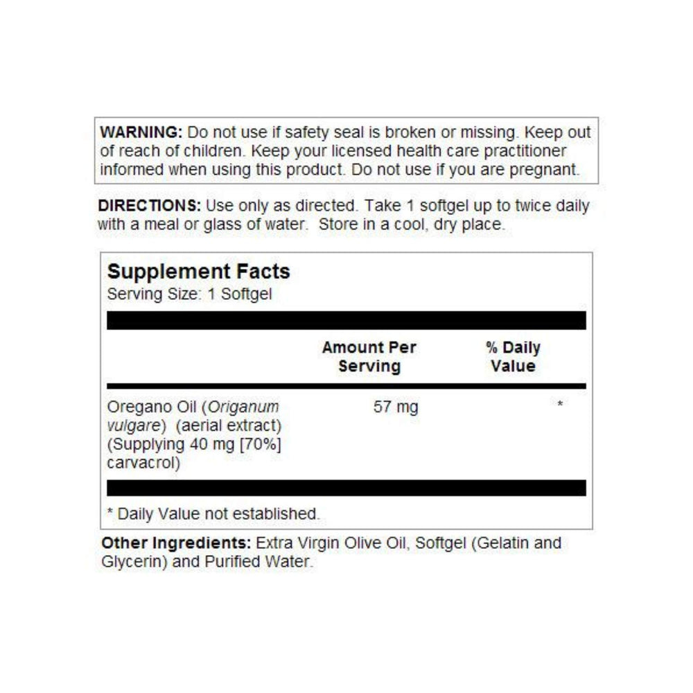 SOLARAY Oregano Oil softgels ingredients graphic highlights 70% carvacrol content.