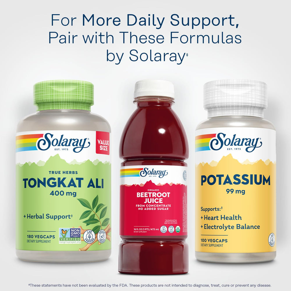 Solaray Organic Beetroot Juice bottle on shelf evoking trusted supplement quality