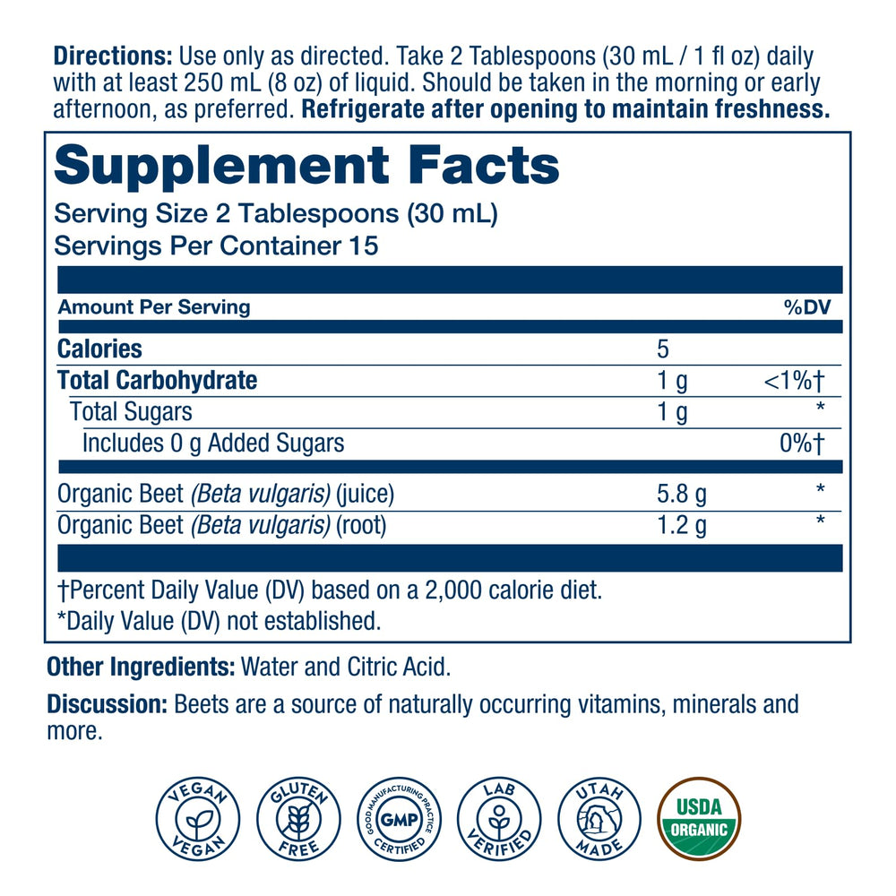 Solaray Organic Beetroot Juice concentrate splash in glass showing unsweetened option