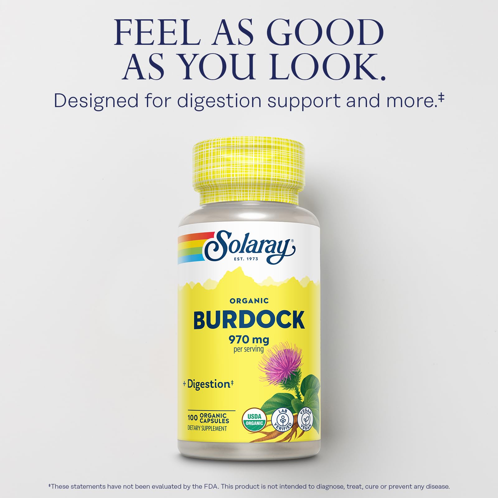 SOLARAY Organic Burdock Root label emphasizes USDA Organic and vegan purity.