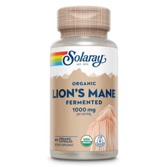 SOLARAY Organic Lions Mane capsules bottle on a clean counter for daily focus support.