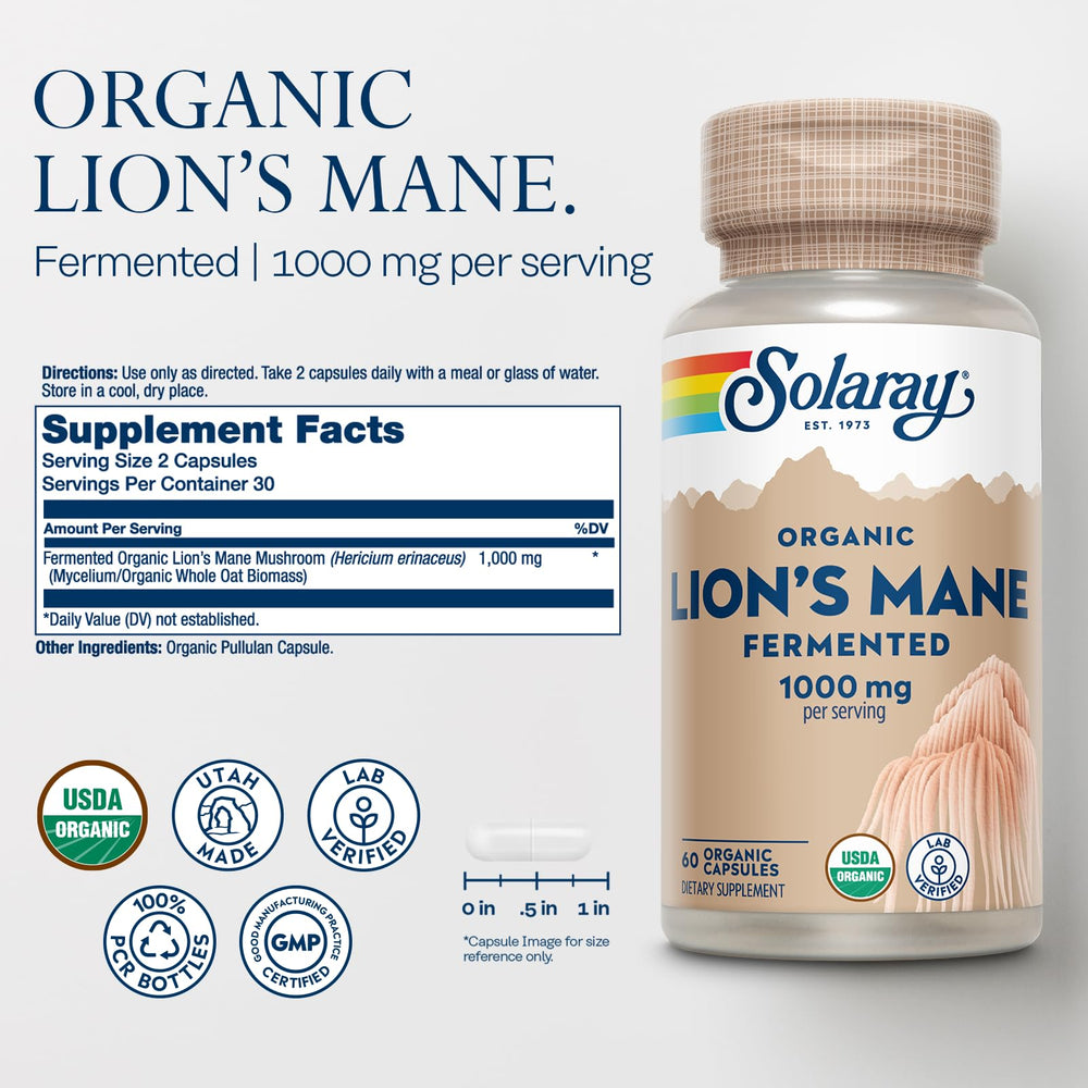 SOLARAY Organic Lions Mane capsules closeup highlighting vegan, lab-verified quality and easy absorption.