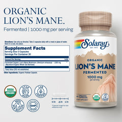 SOLARAY Organic Lions Mane capsules closeup highlighting vegan, lab-verified quality and easy absorption.