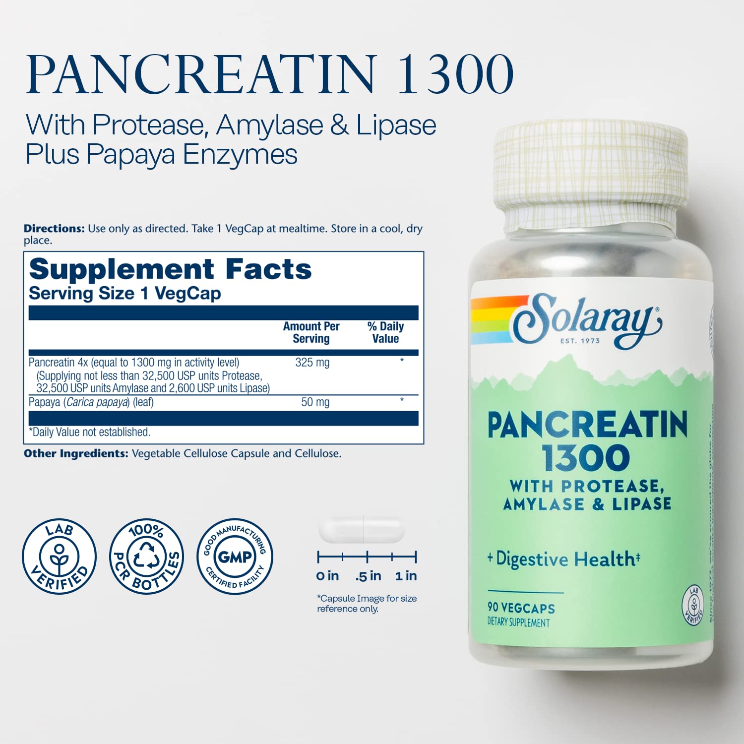 Solaray Pancreatin 1300 capsules close-up shows enzyme blend