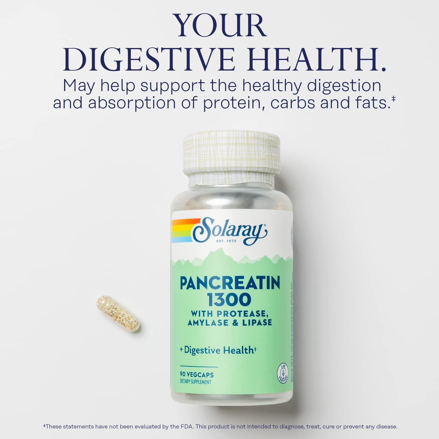 Solaray Pancreatin 1300 label lists 90 servings and VegCaps
