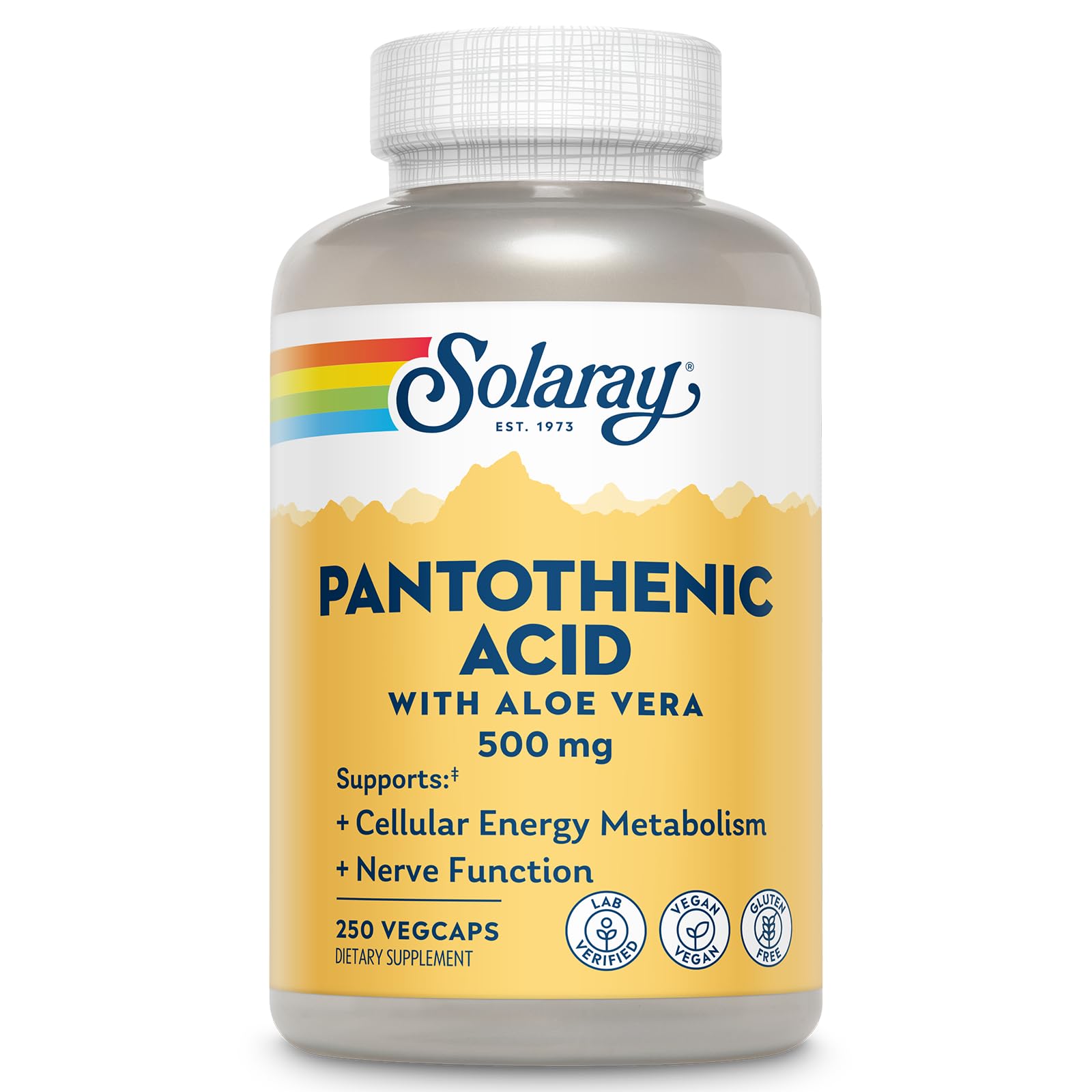 SOLARAY Pantothenic Acid 500mg bottle for daily energy support and convenience.