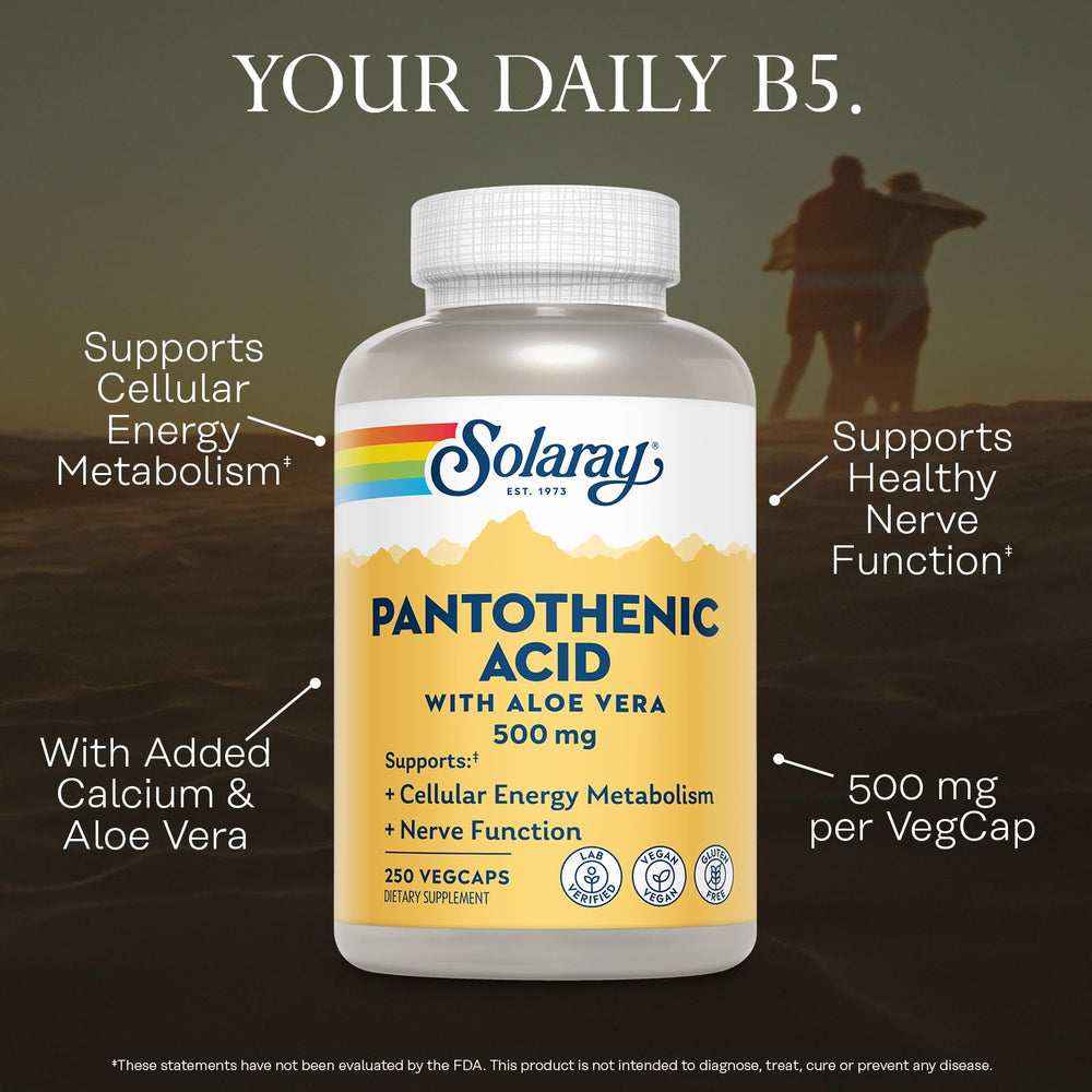 SOLARAY Pantothenic Acid label highlights vegan, gluten-free and GMP quality.