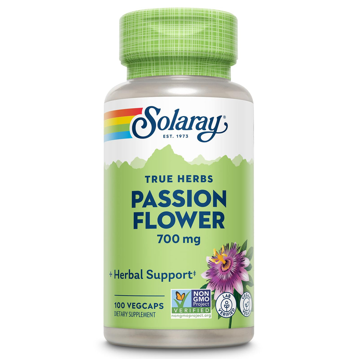 SOLARAY Passion Flower bottle with vegan capsules for calming daily use