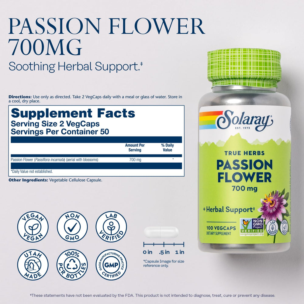 SOLARAY Passion Flower capsules close up show vegan non GMO formula