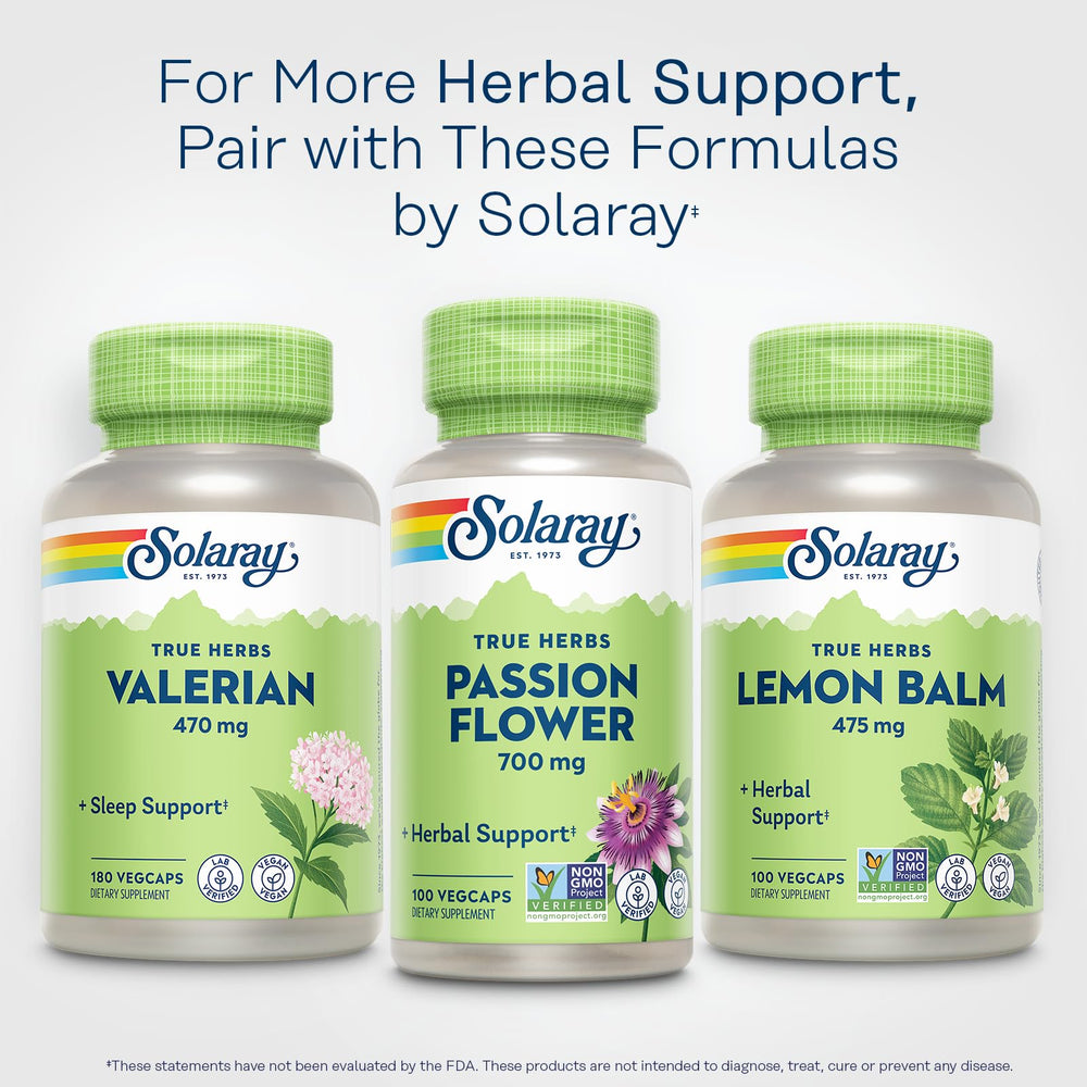 SOLARAY Passion Flower ingredient list confirms vegan, Non-GMO certification