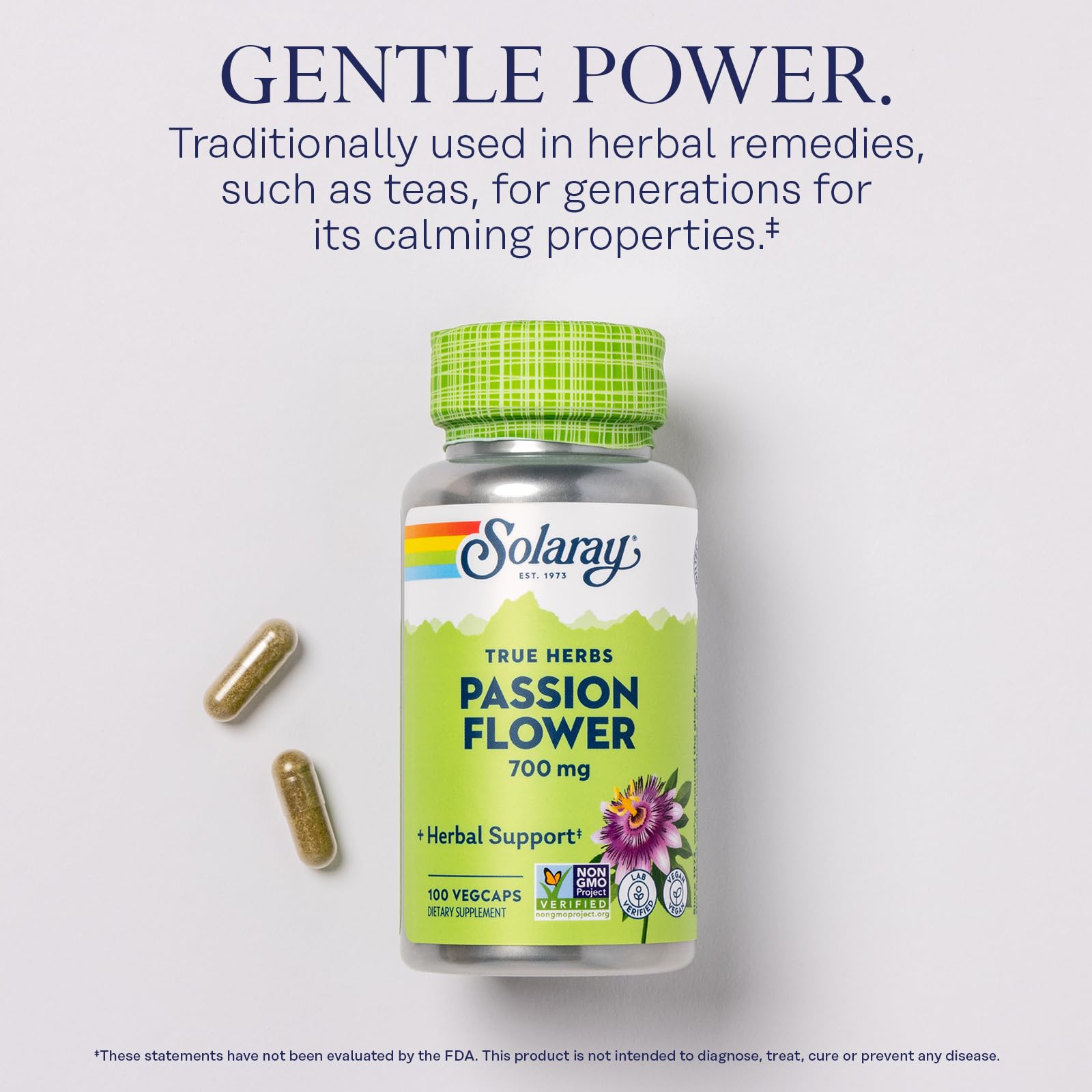 SOLARAY Passion Flower label shows 700 mg per serving in a True Herbs blend