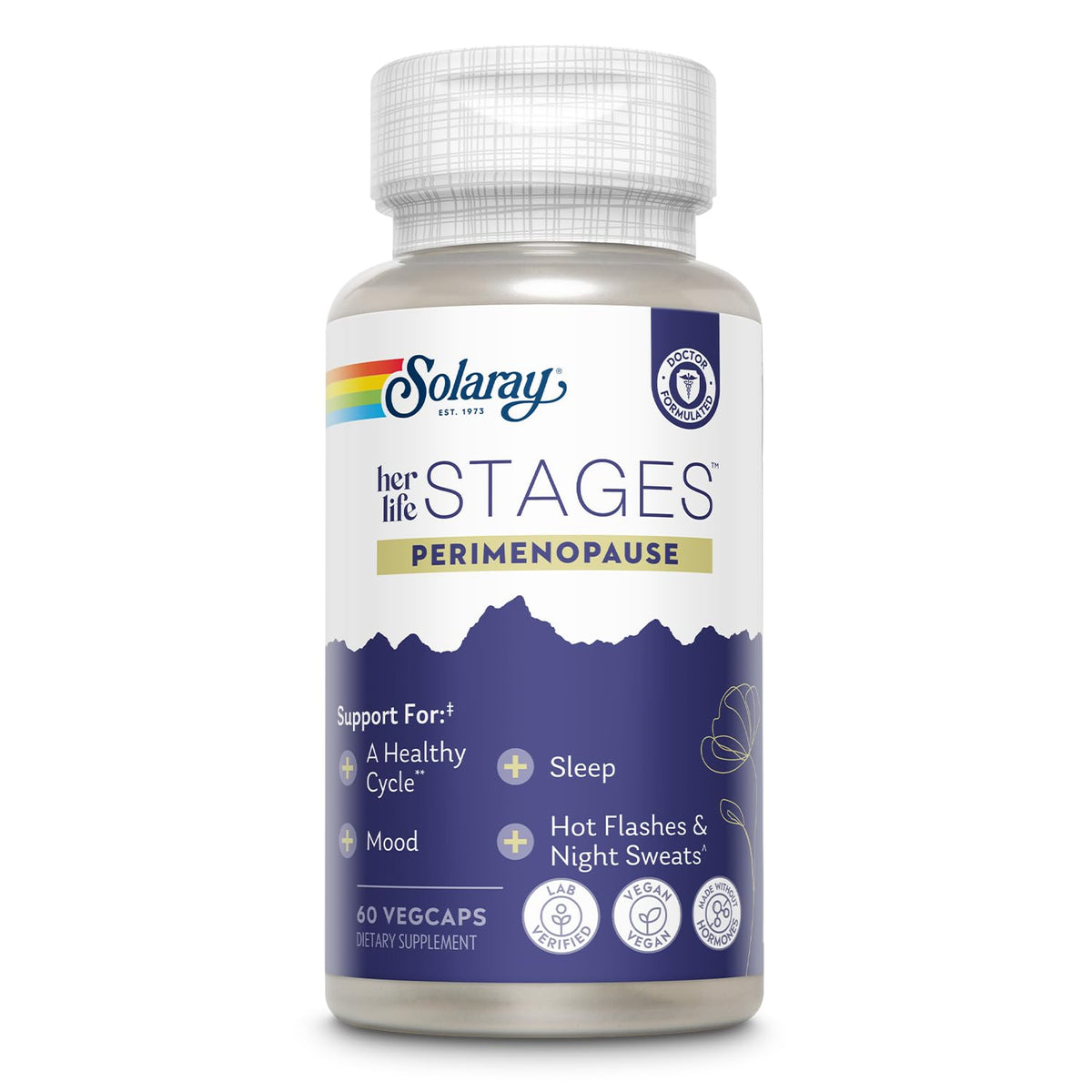 SOLARAY Perimenopause Life Stages bottle front view, non-hormonal support for perimenopause.