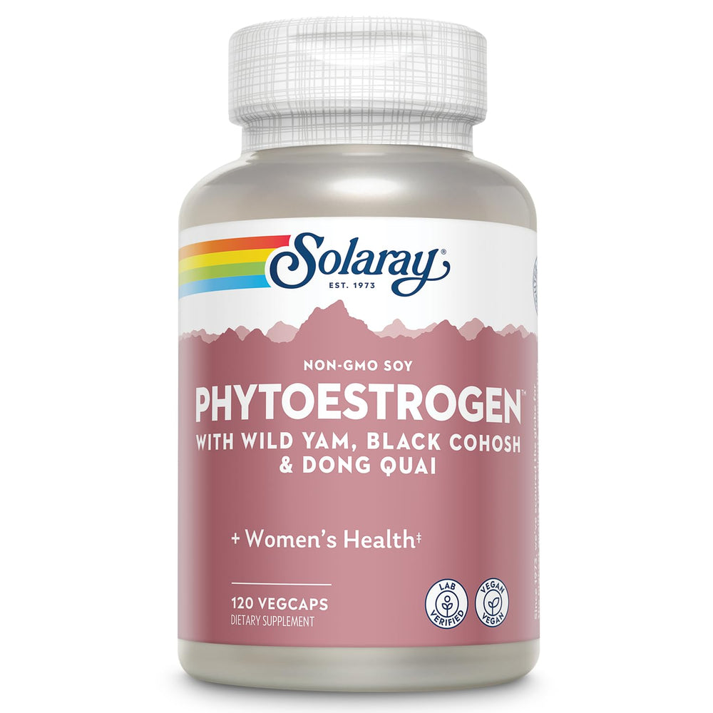 SOLARAY PhytoEstrogen bottle cap closeup with eco-friendly packaging background.