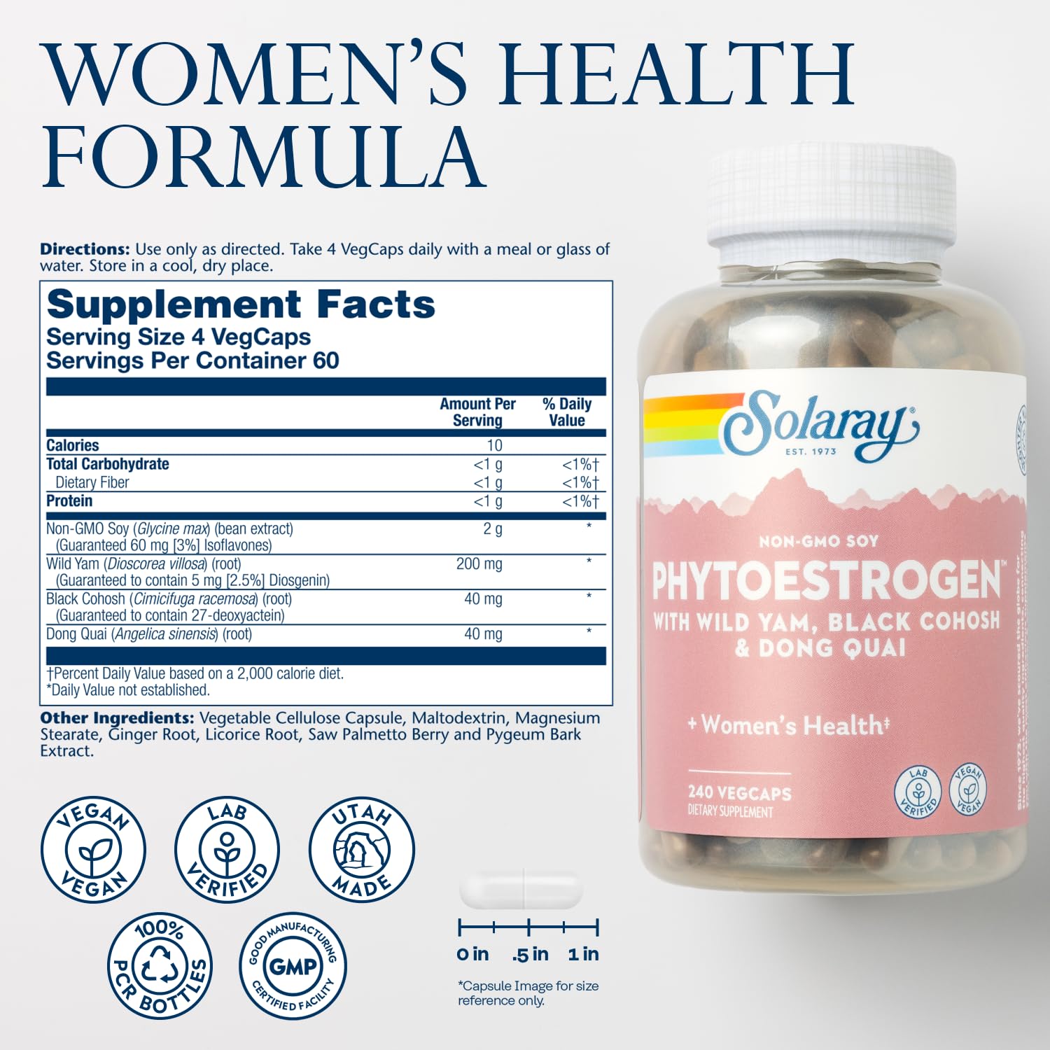 SOLARAY PhytoEstrogen capsules in a glass bottle for easy daily intake.