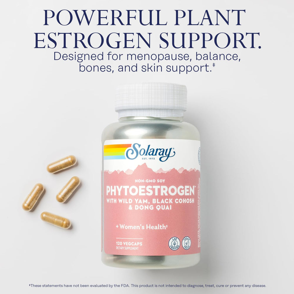 SOLARAY PhytoEstrogen label detail highlights diosgenin content clarity.