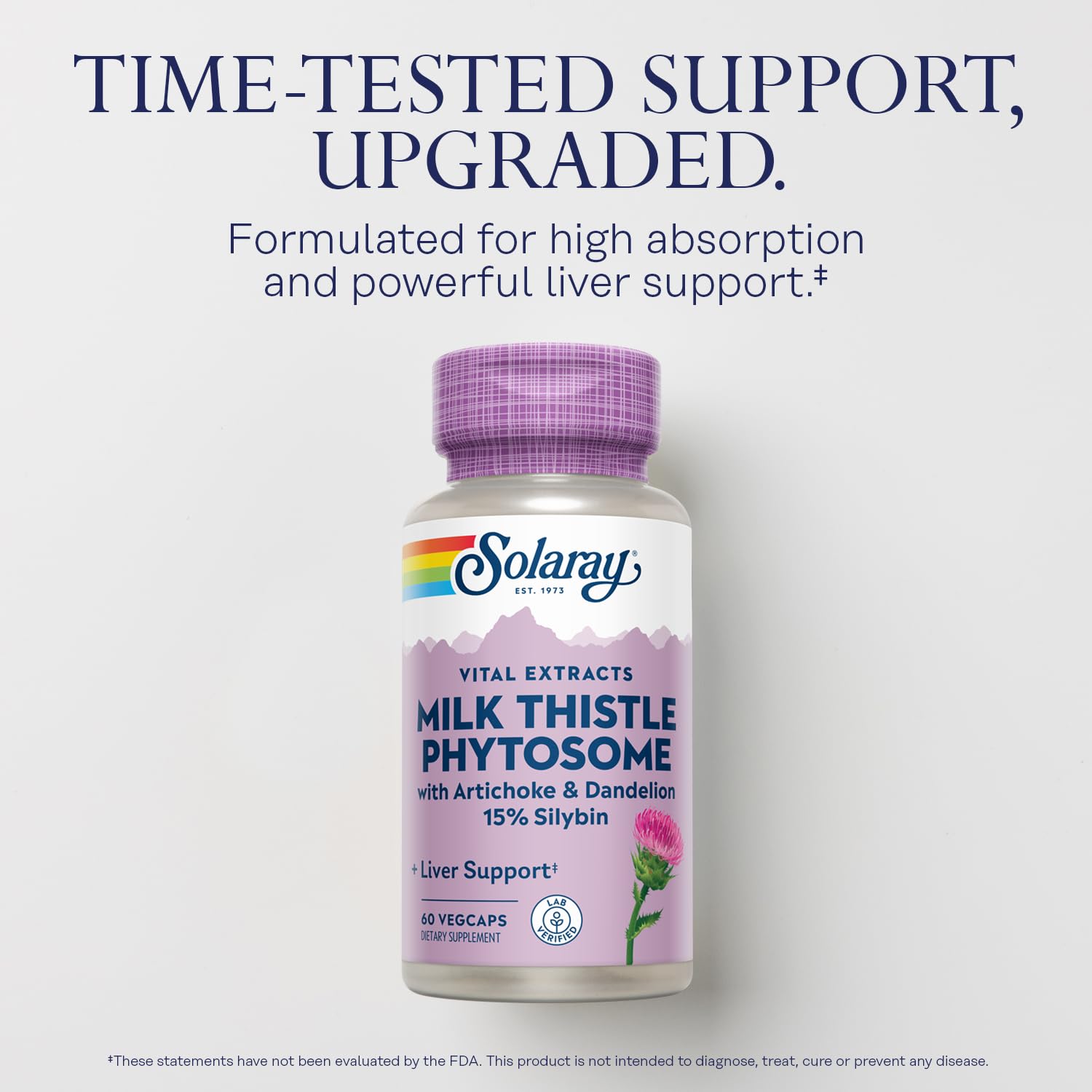 Phytosome-form milk thistle visual highlighting 30 mg silybin per serving.