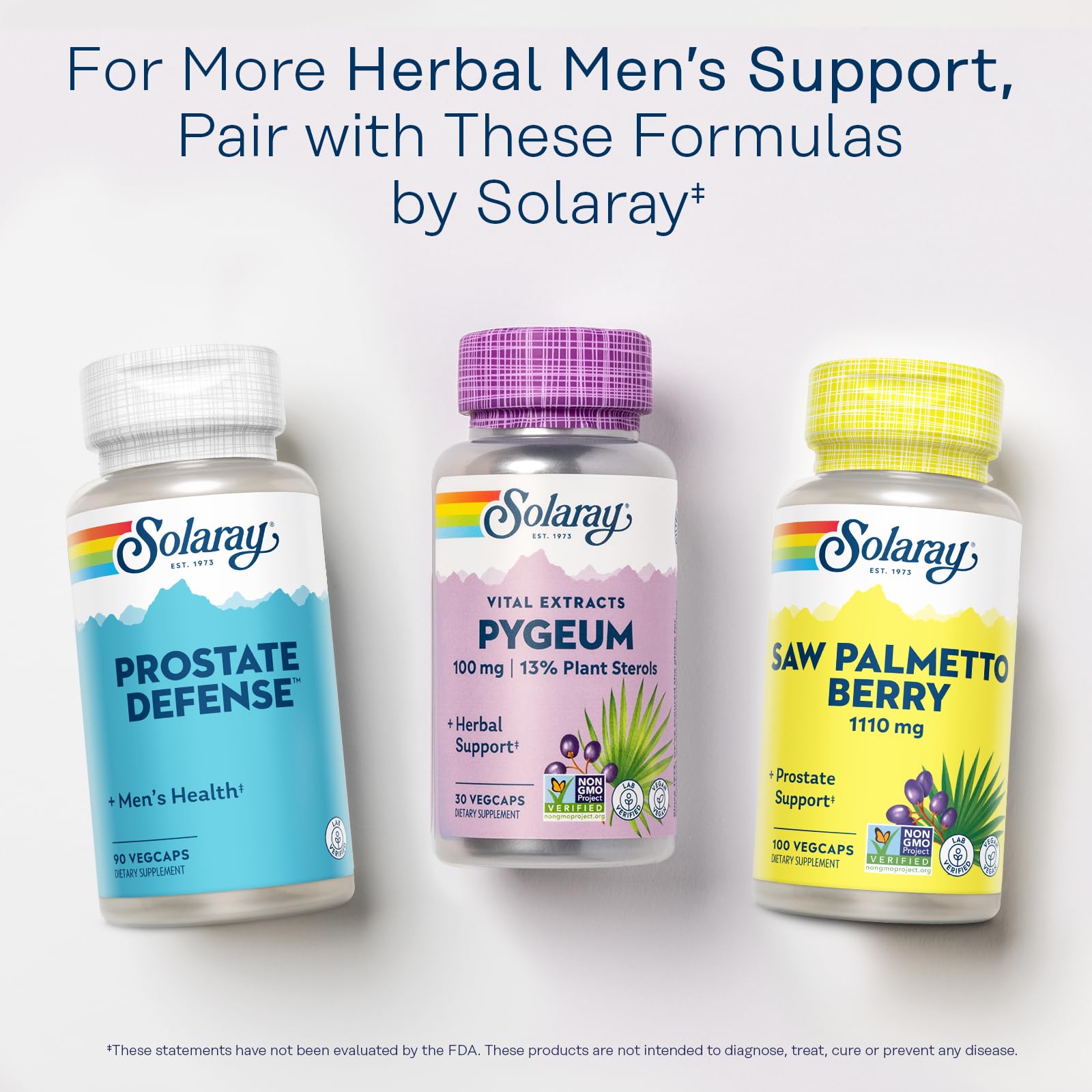 SOLARAY Pygeum plant sterols highlight natural plant nutrients for wellness.