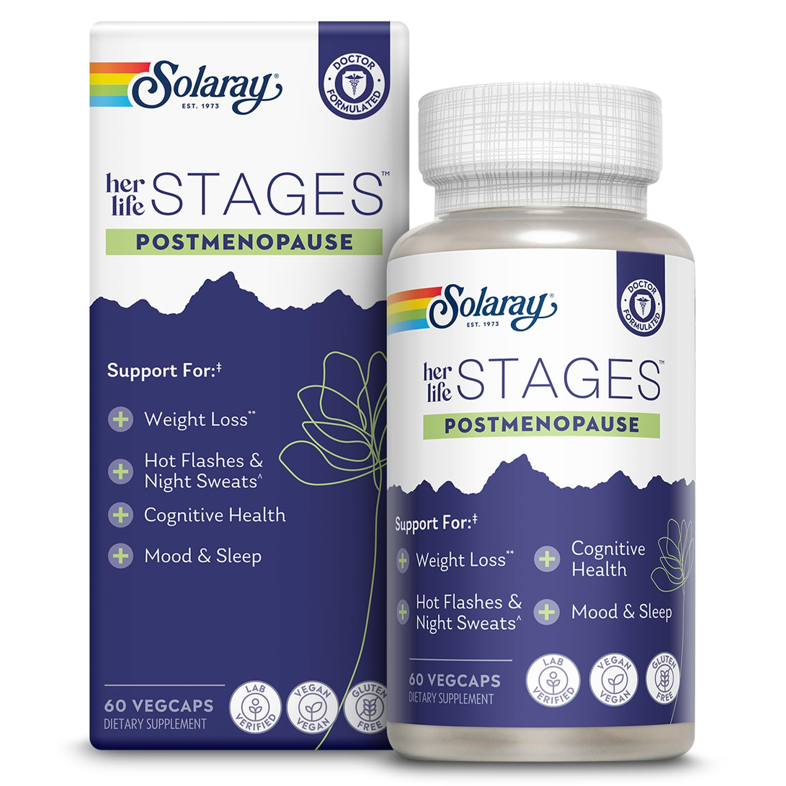 SOLARAY Postmenopause Life Stages bottle with vegan capsules for daily support