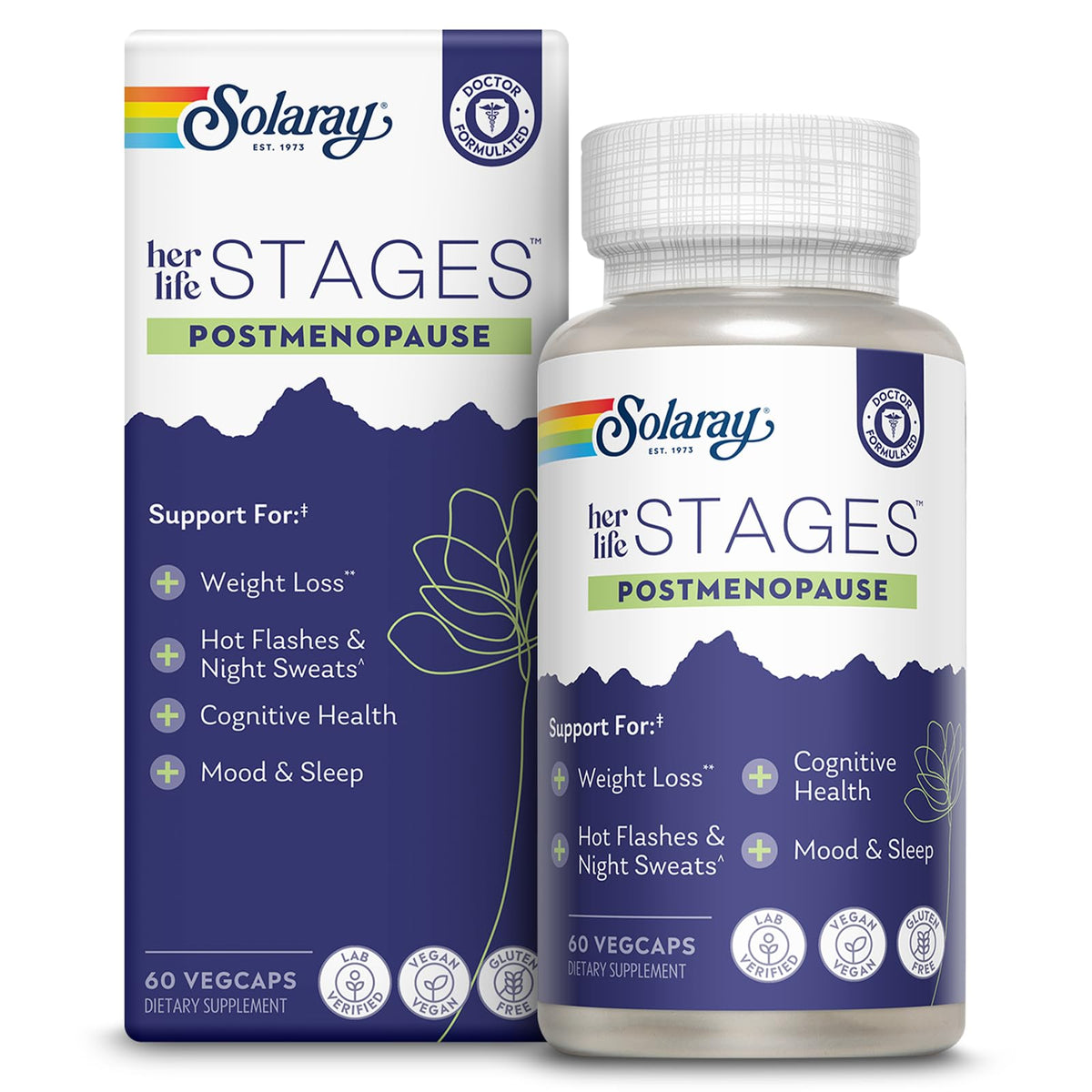 SOLARAY Postmenopause Life Stages bottle with vegan capsules for daily support