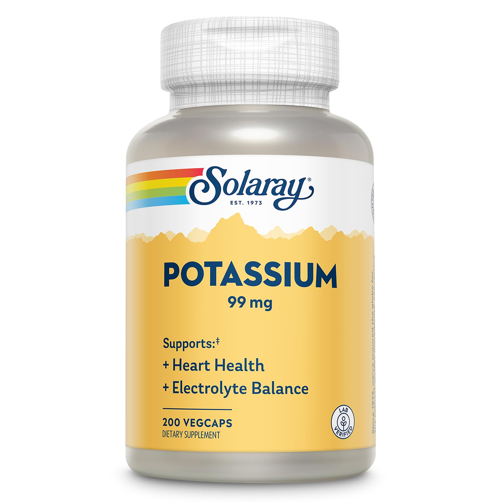 Solaray Potassium 99 mg bottle front shows branding for daily electrolyte support