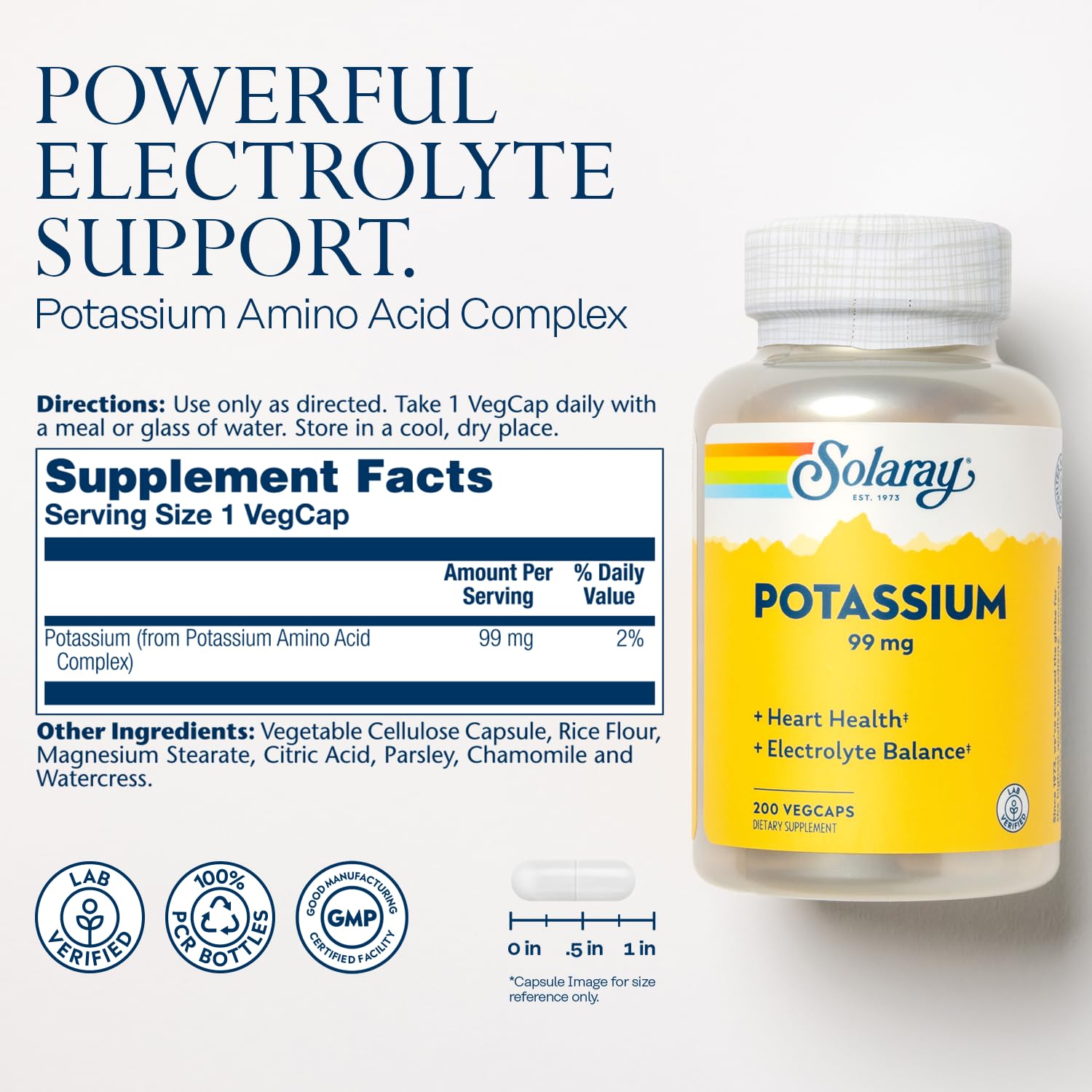 Solaray Potassium 99 mg bottle label close-up highlights bioavailable potassium complex