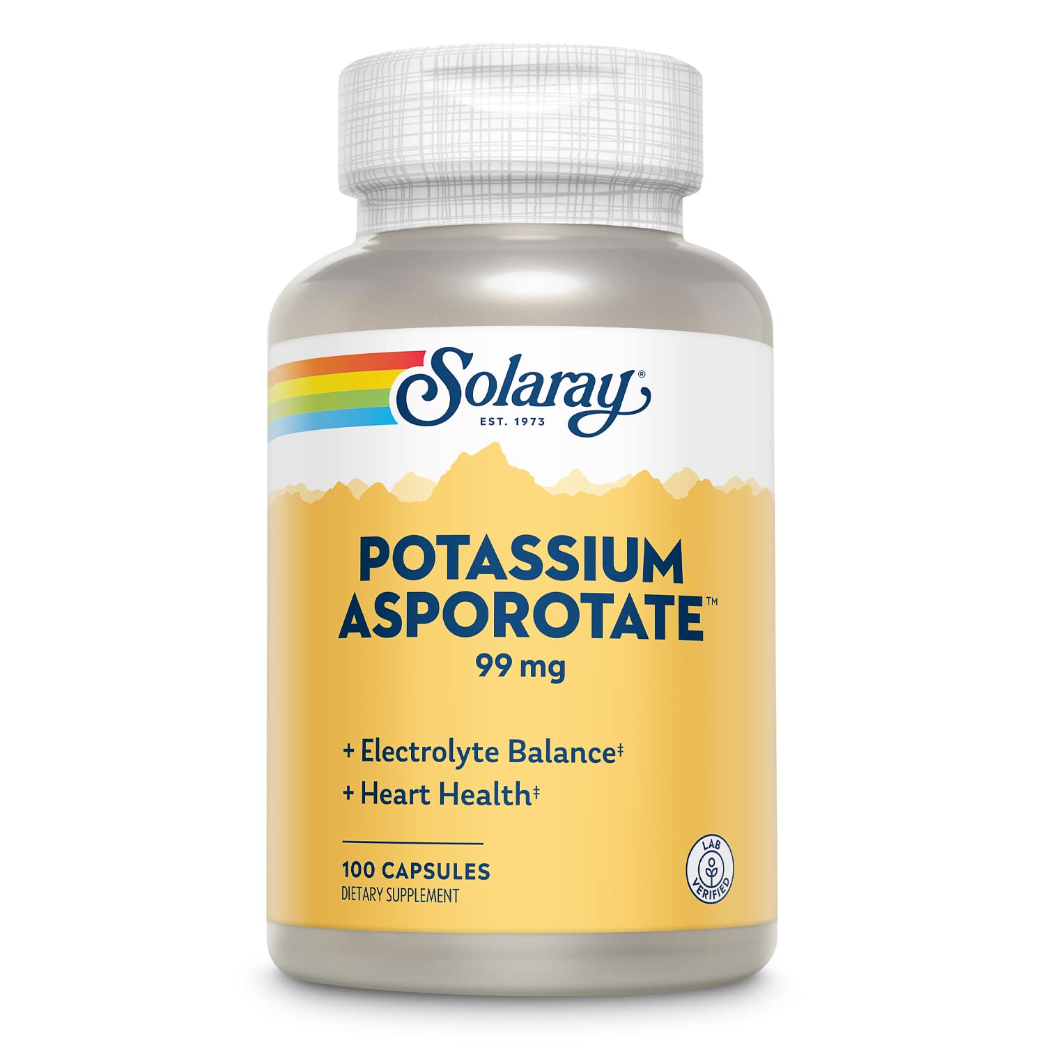 Solaray Potassium Asporotate bottle emphasizes electrolyte balance support for daily wellness