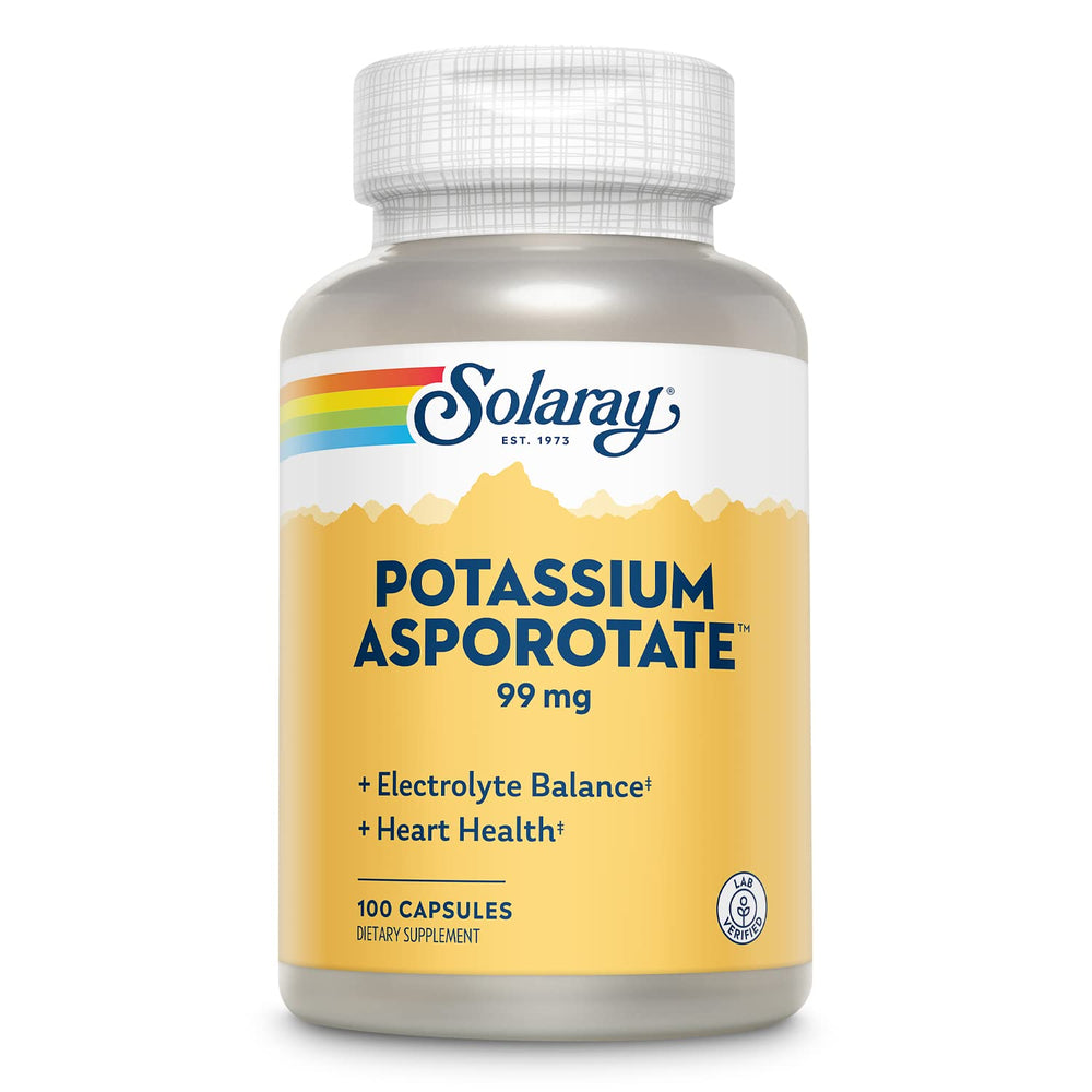 Solaray Potassium Asporotate bottle emphasizes electrolyte balance support for daily wellness