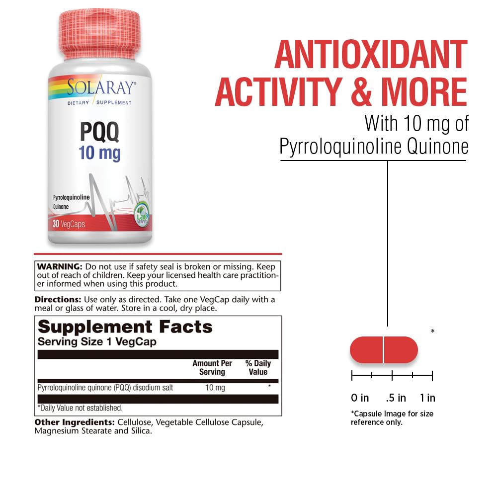 SOLARAY PQQ VegCaps label; clear 10 mg per serving