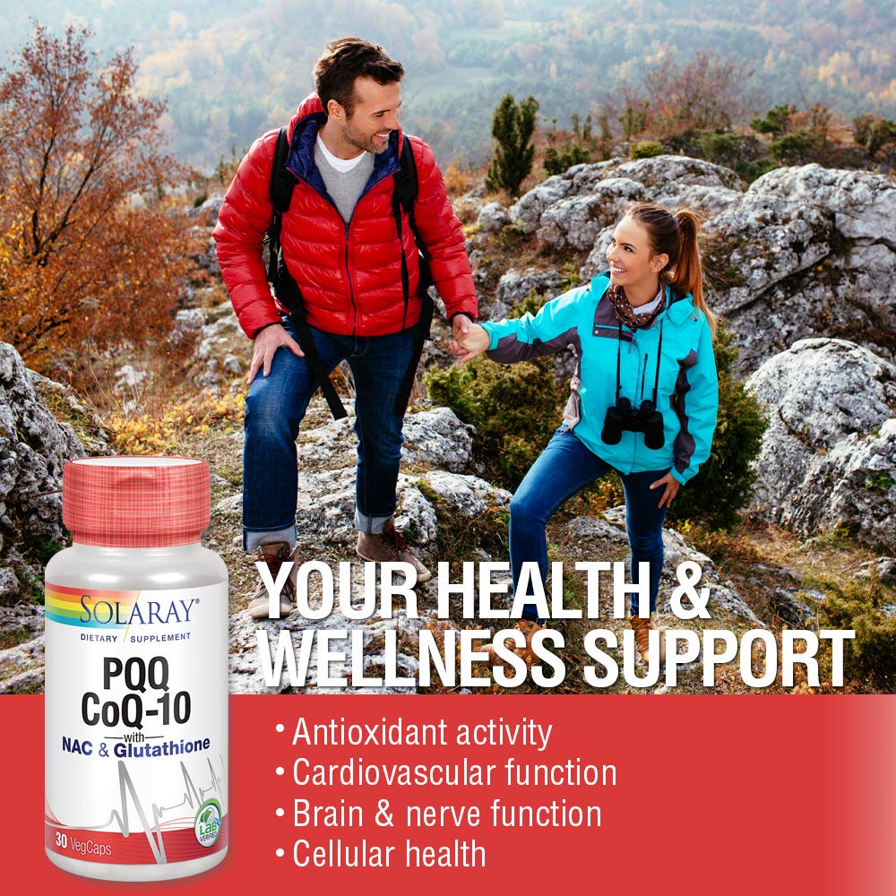 SOLARAY PQQ CoQ10 label closeup highlighting clean ingredients for daily wellness.