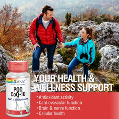 SOLARAY PQQ CoQ10 label closeup highlighting clean ingredients for daily wellness.