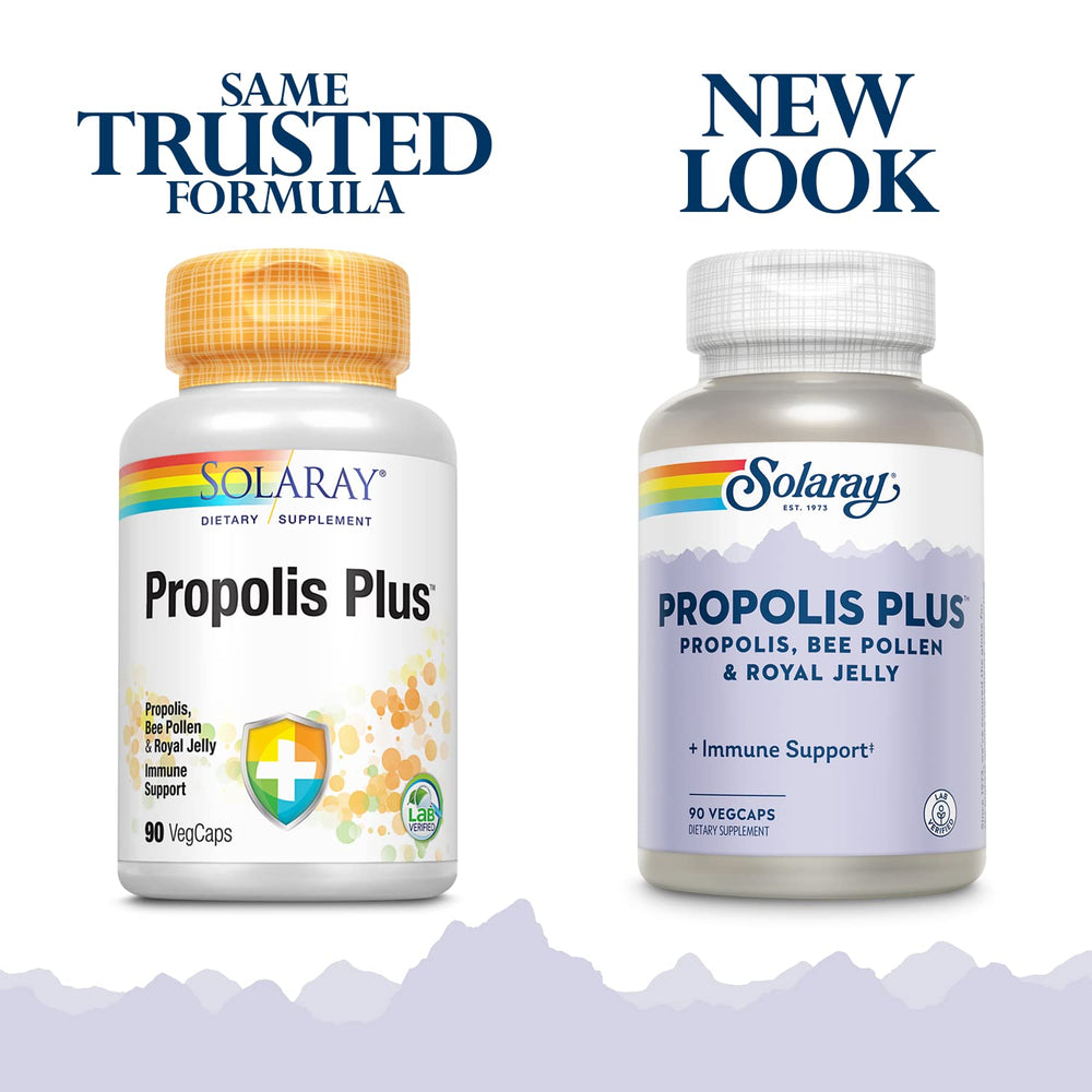 SOLARAY Propolis Plus label highlighting propolis, bee pollen, and royal jelly.