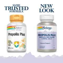 SOLARAY Propolis Plus label highlighting propolis, bee pollen, and royal jelly.
