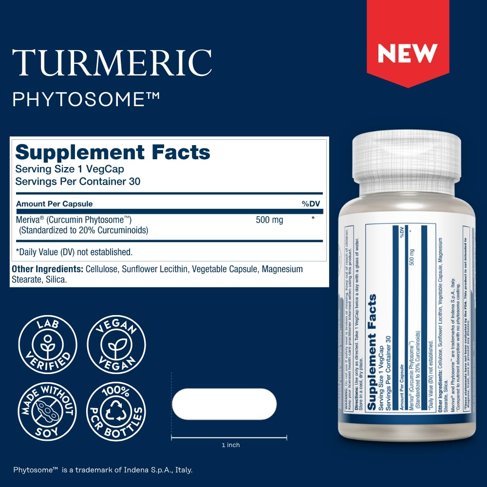 Solaray ProSorb Turmeric capsules close-up showing easy digestion with Meriva phytosome