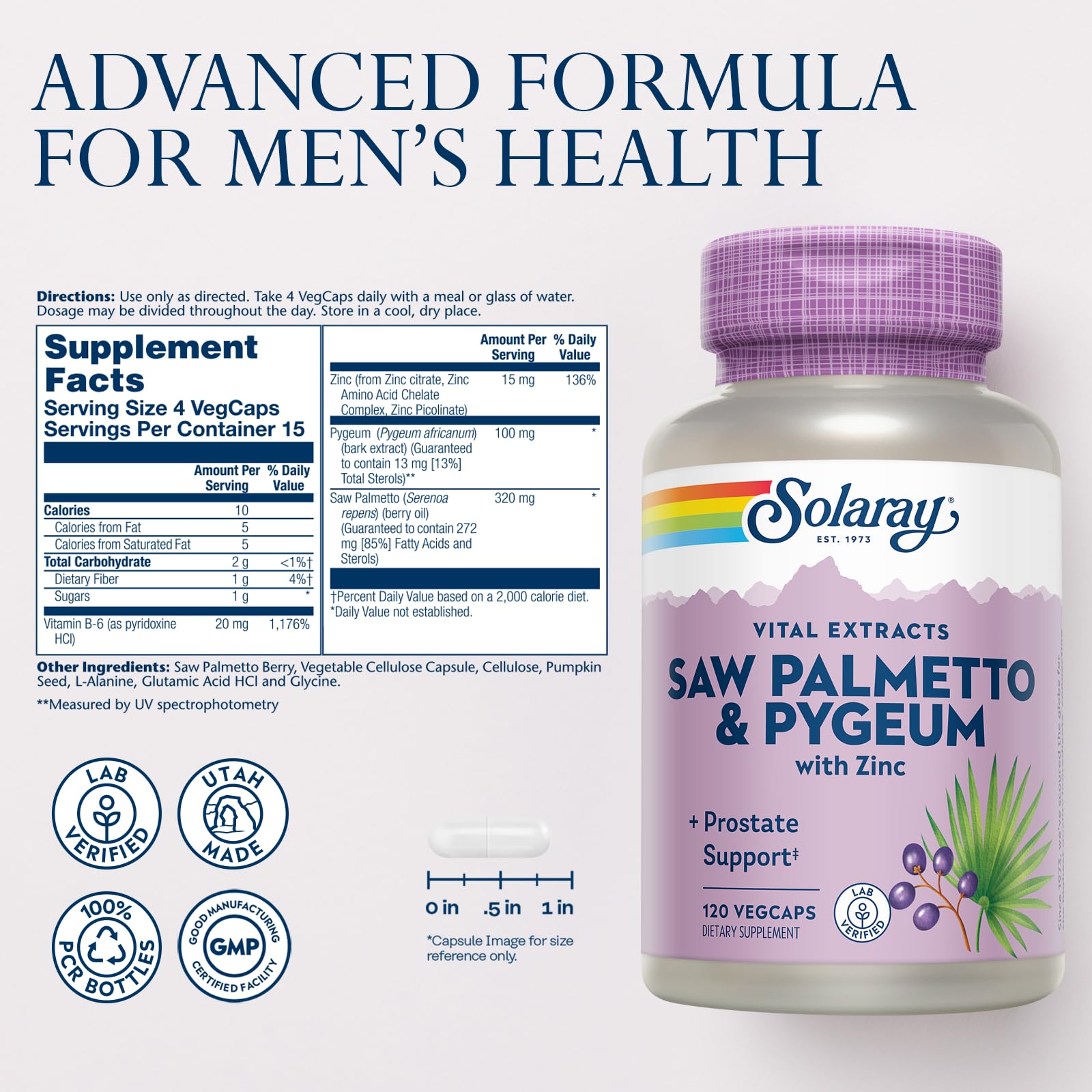 SOLARAY Prostate health capsules close-up for male wellness support.