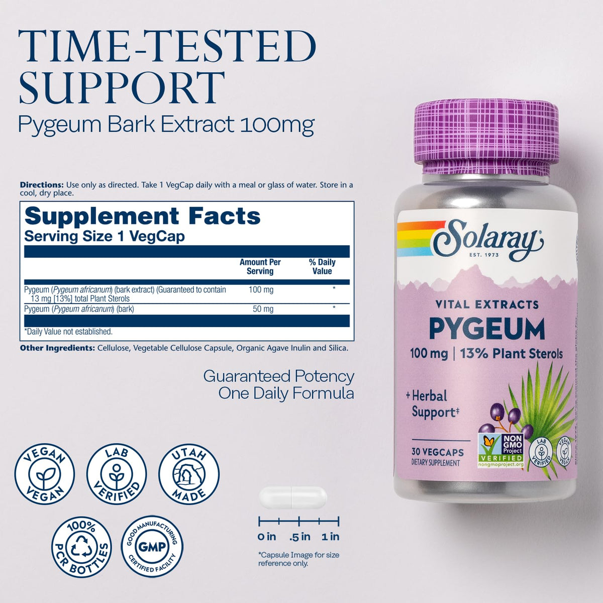SOLARAY Pygeum capsules close-up in vegan capsule form for daily use.
