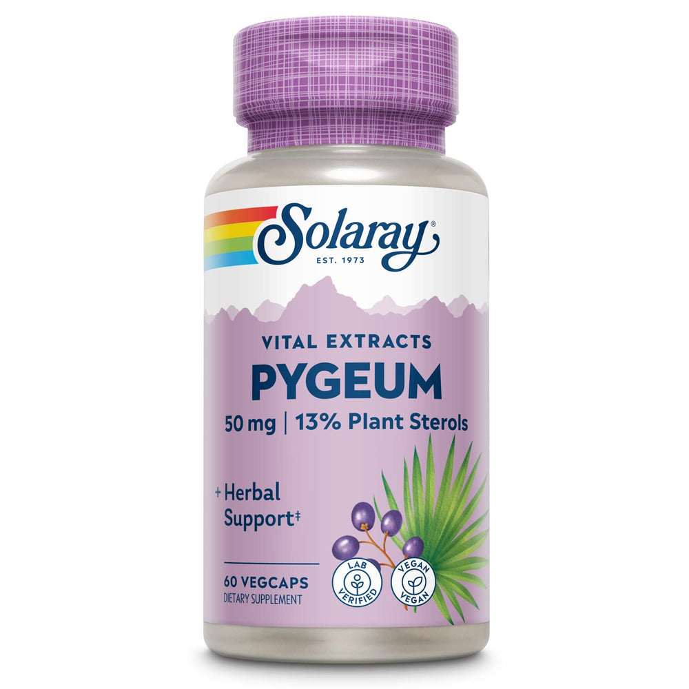 SOLARAY Pygeum bark extract bottle with vegan, non-GMO formula for daily support.