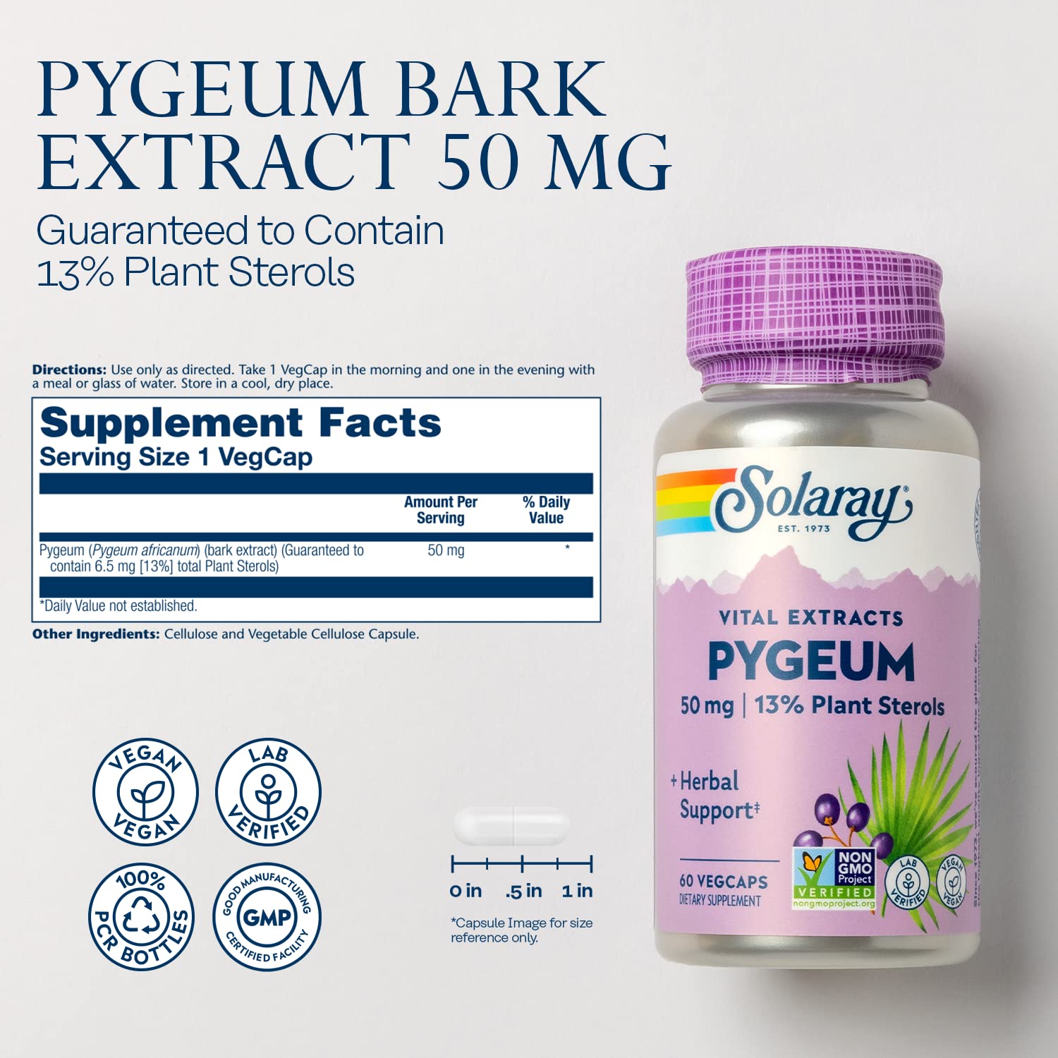 SOLARAY Pygeum capsules arranged to illustrate daily use.