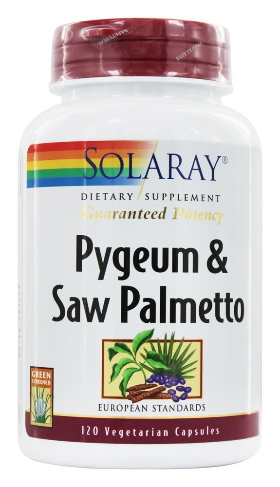 Solaray Pygeum & Saw Palmetto bottle with standardized extracts for potential prostate support.