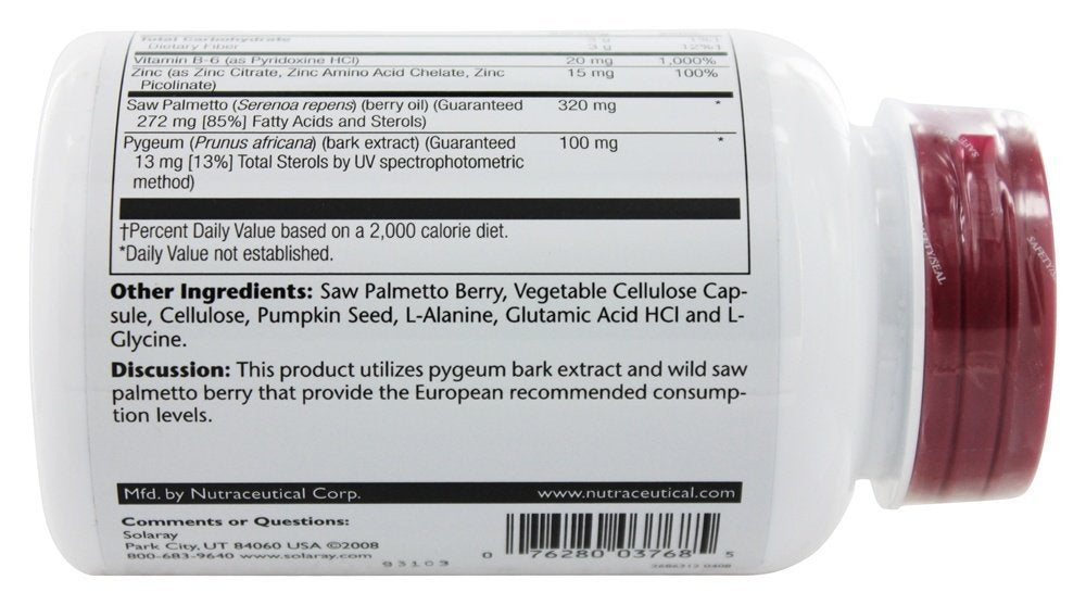 Solaray Pygeum & Saw Palmetto closeup shows capsule texture for easy use.