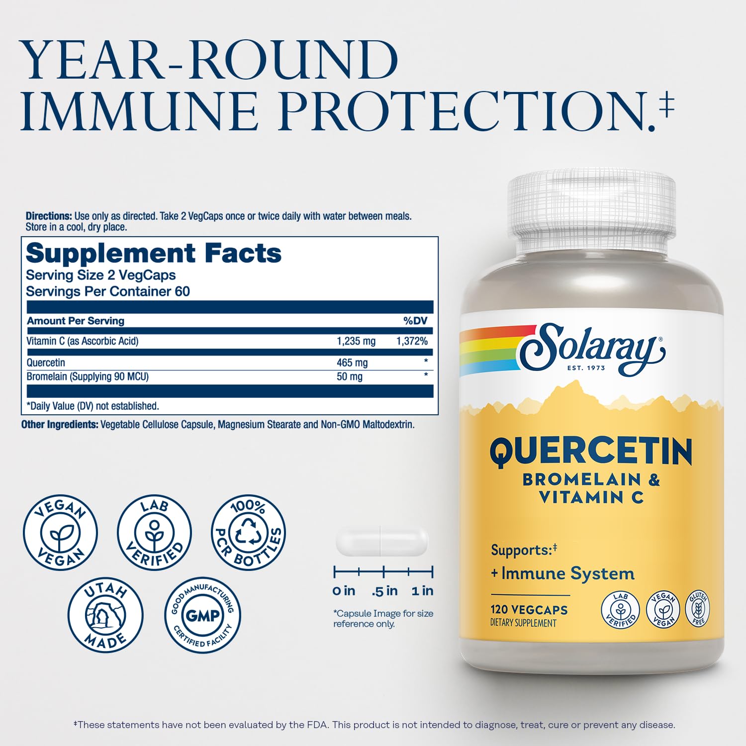 SOLARAY QBC Plex bottle closeup of capsules ready for daily immune support