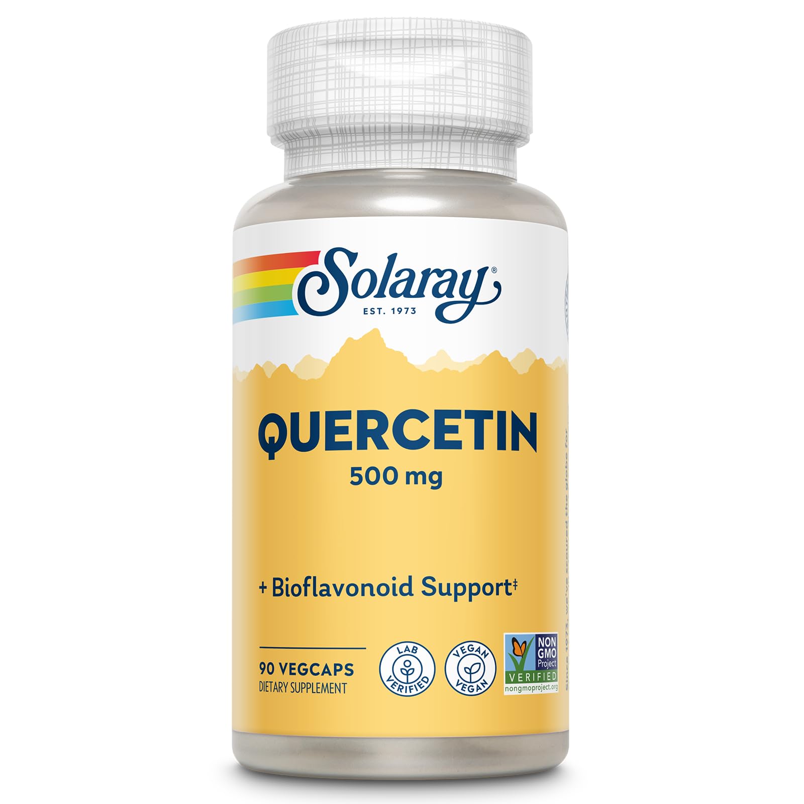 SOLARAY Quercetin 500mg bottle label close-up for daily wellness support.