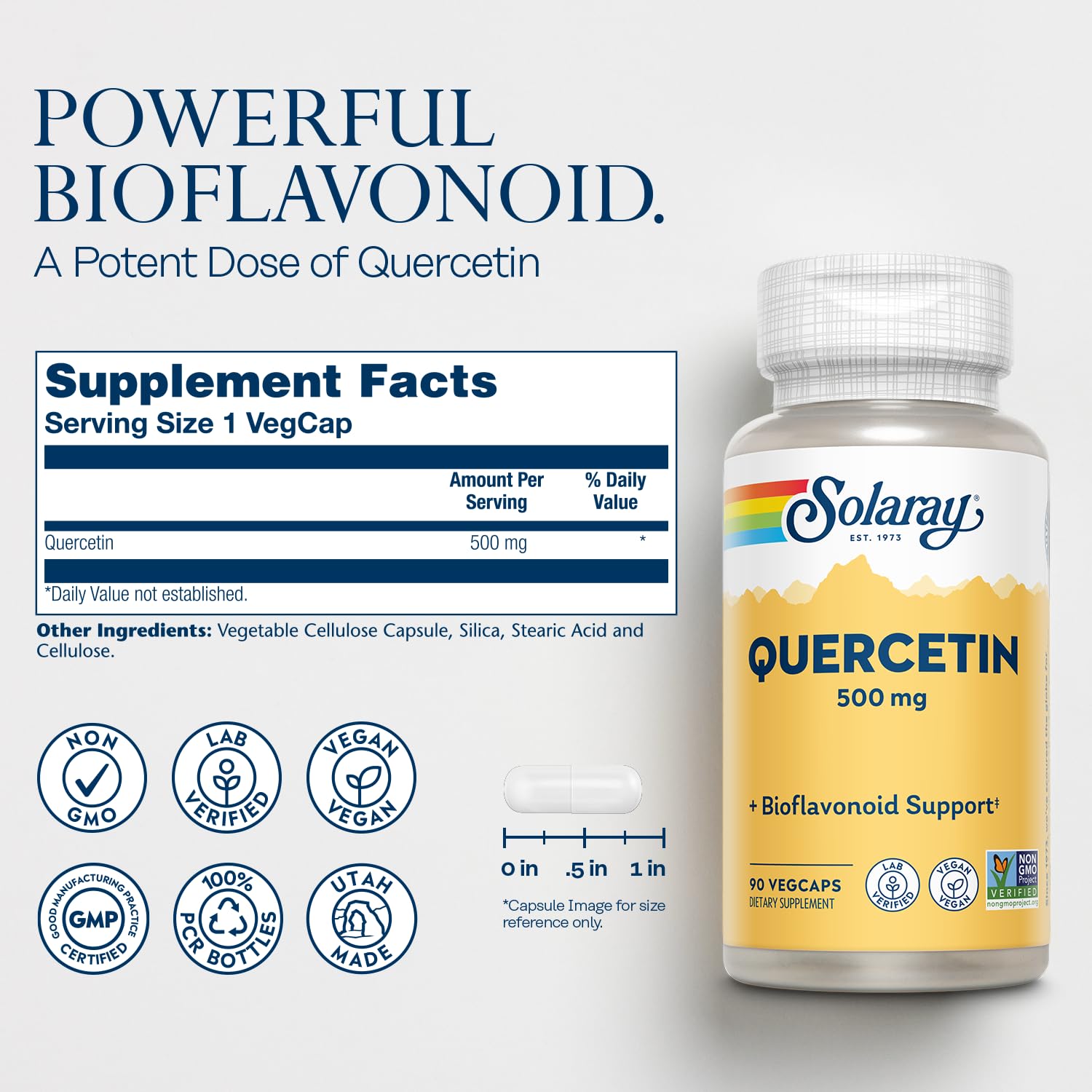 SOLARAY Quercetin capsules poured from bottle for convenient daily use.
