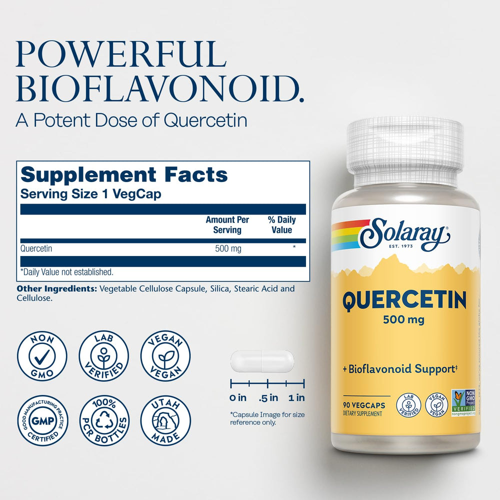 SOLARAY Quercetin capsules poured from bottle for convenient daily use.