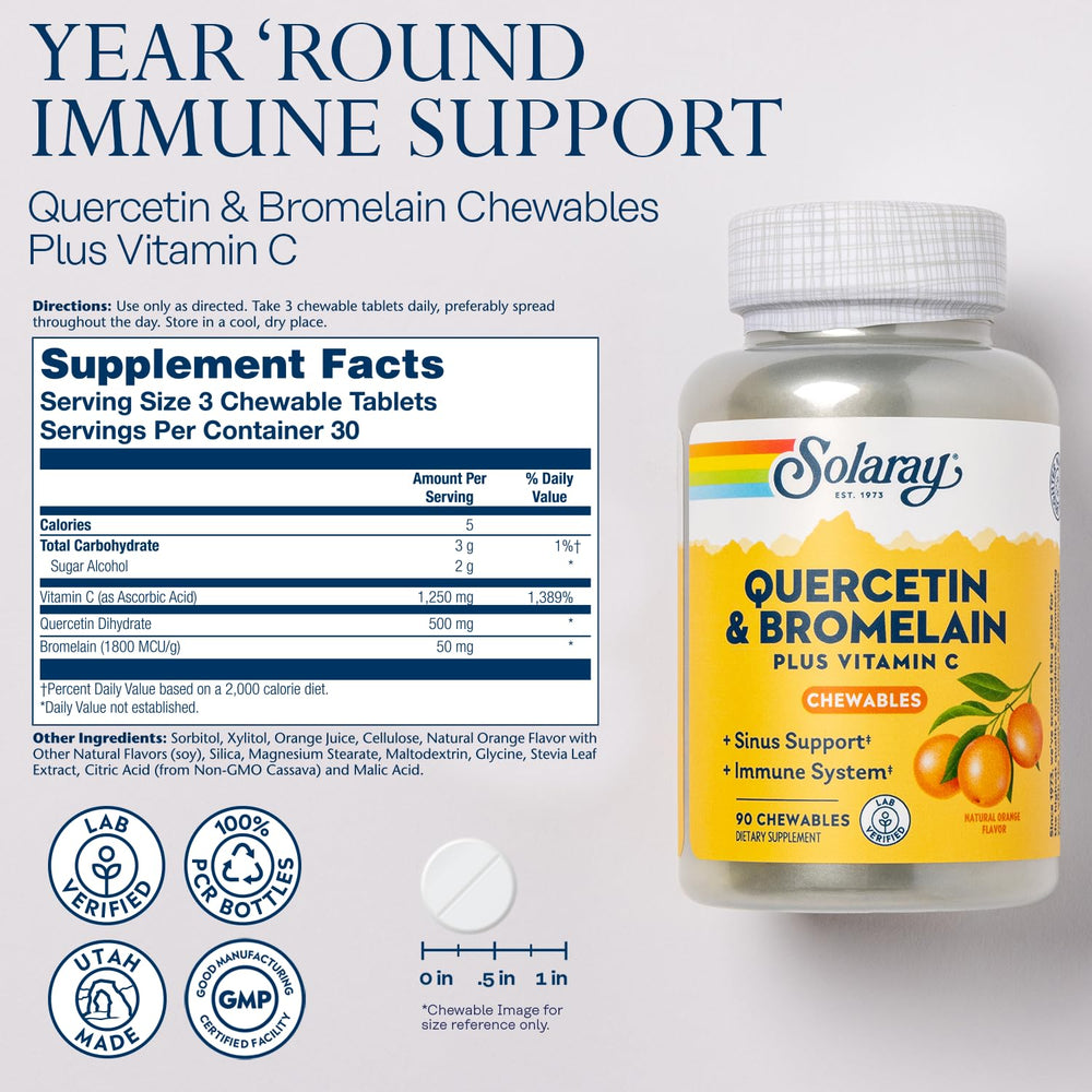 SOLARAY Quercetin bromelain vitamin C chews in orange flavor for daily wellness