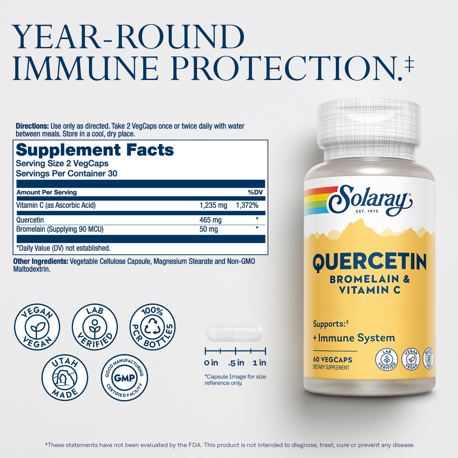 SOLARAY Quercetin label close-up shows vegan formula