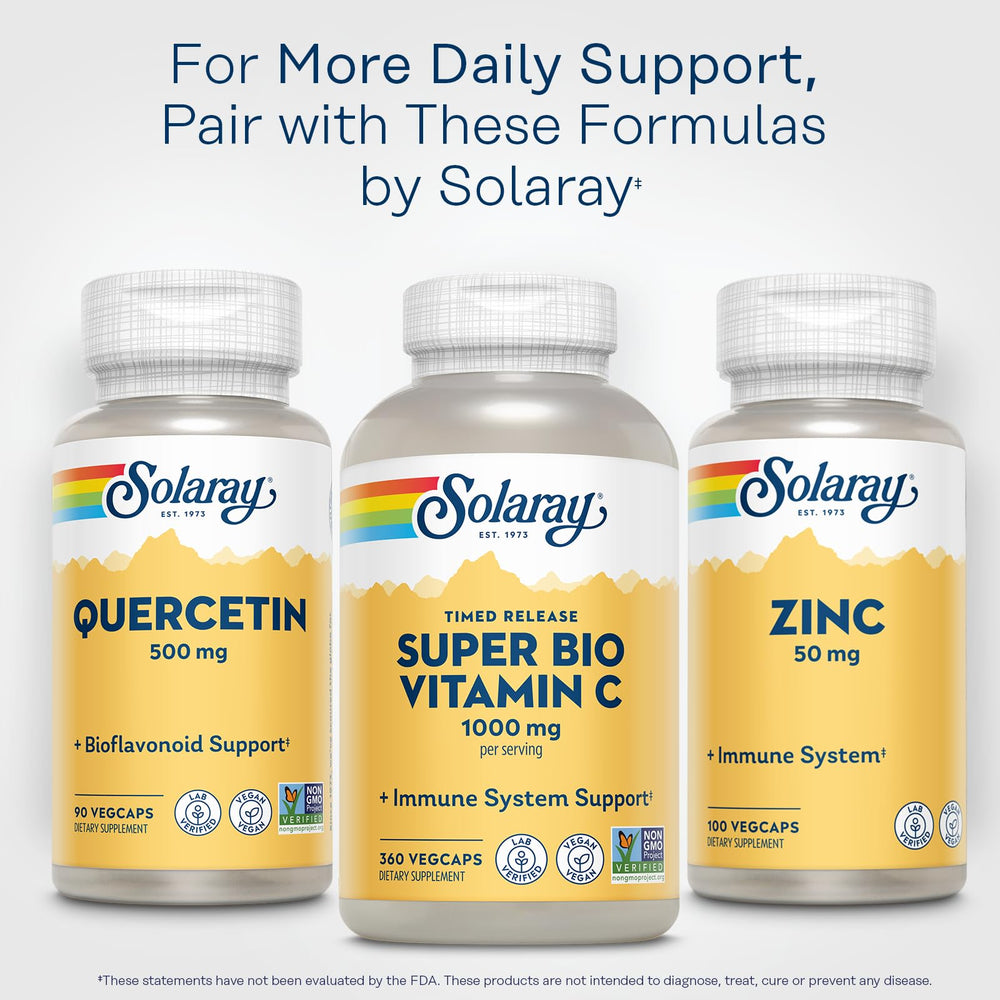 SOLARAY Quercetin capsules beside tea for easy daily ritual.