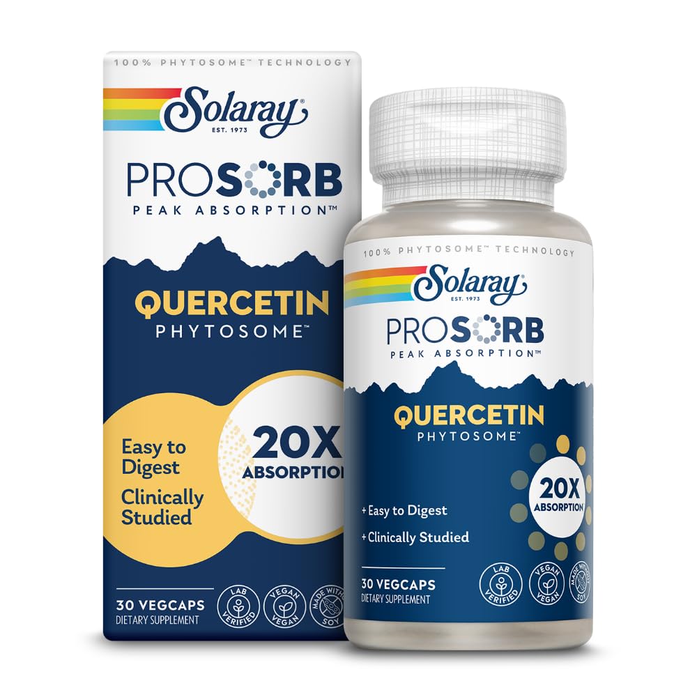 SOLARAY Quercetin Phytosome capsule close-up shows 250 mg per serving.