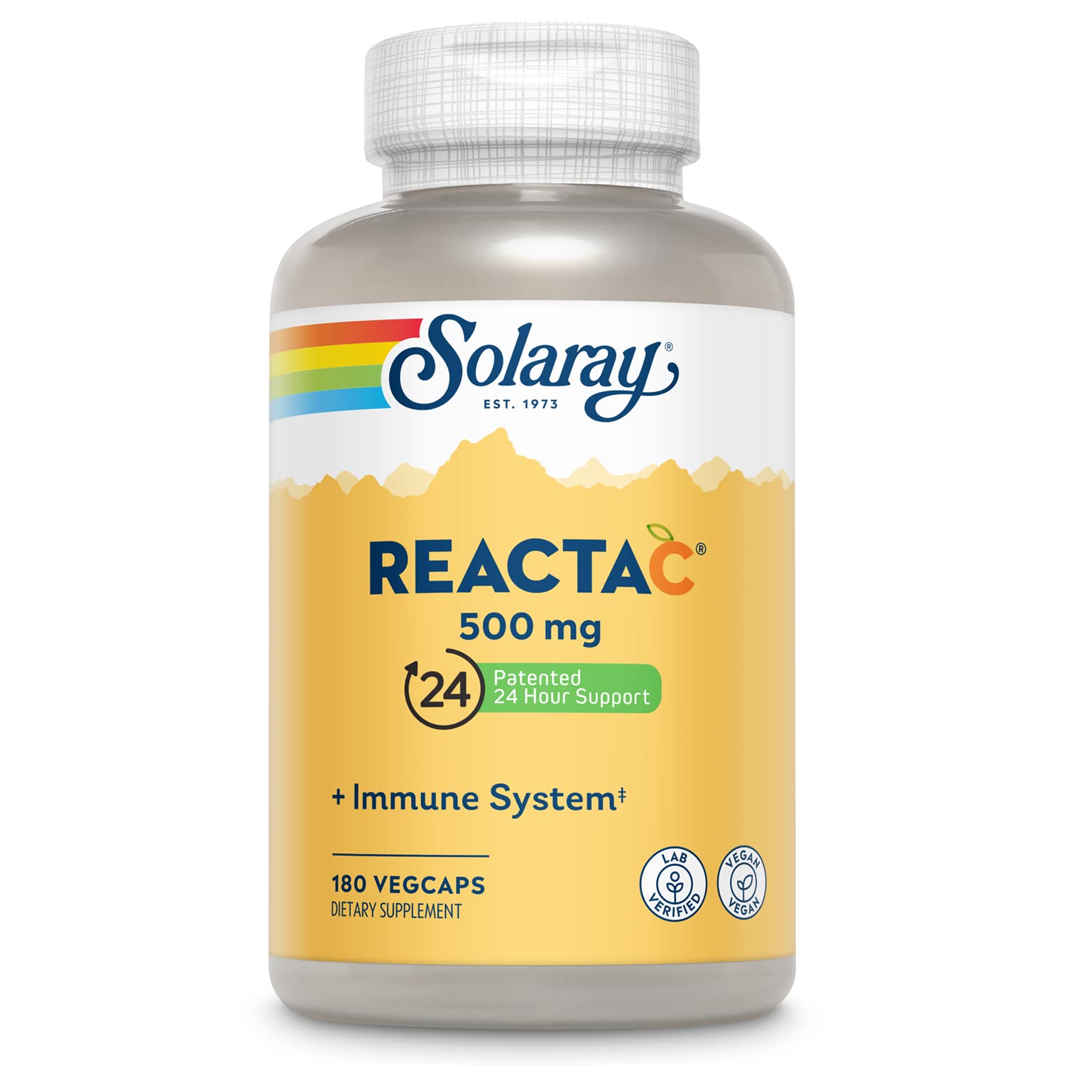 SOLARAY Reacta-C bottle label highlighting 24-hour immune support.