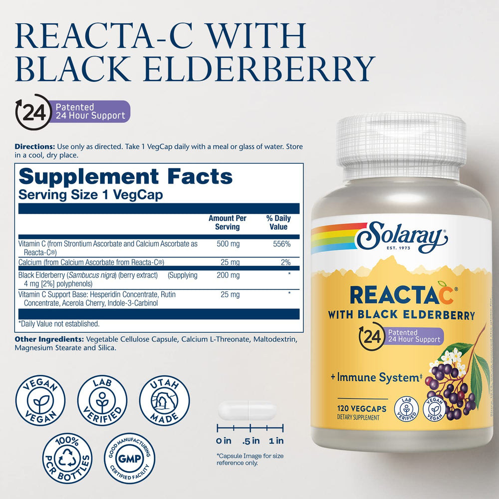 SOLARAY Reacta-C Elderberry capsules close-up highlighting non-acidic formula.